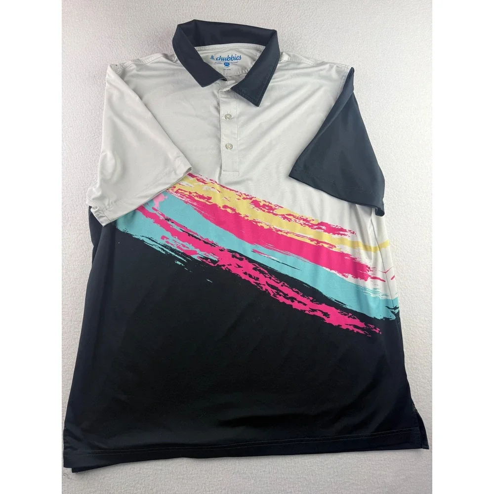 Chubbies Mens XL Performance Polo Shirt Retro Brushstroke Graphic White Black - Picture 1 of 6